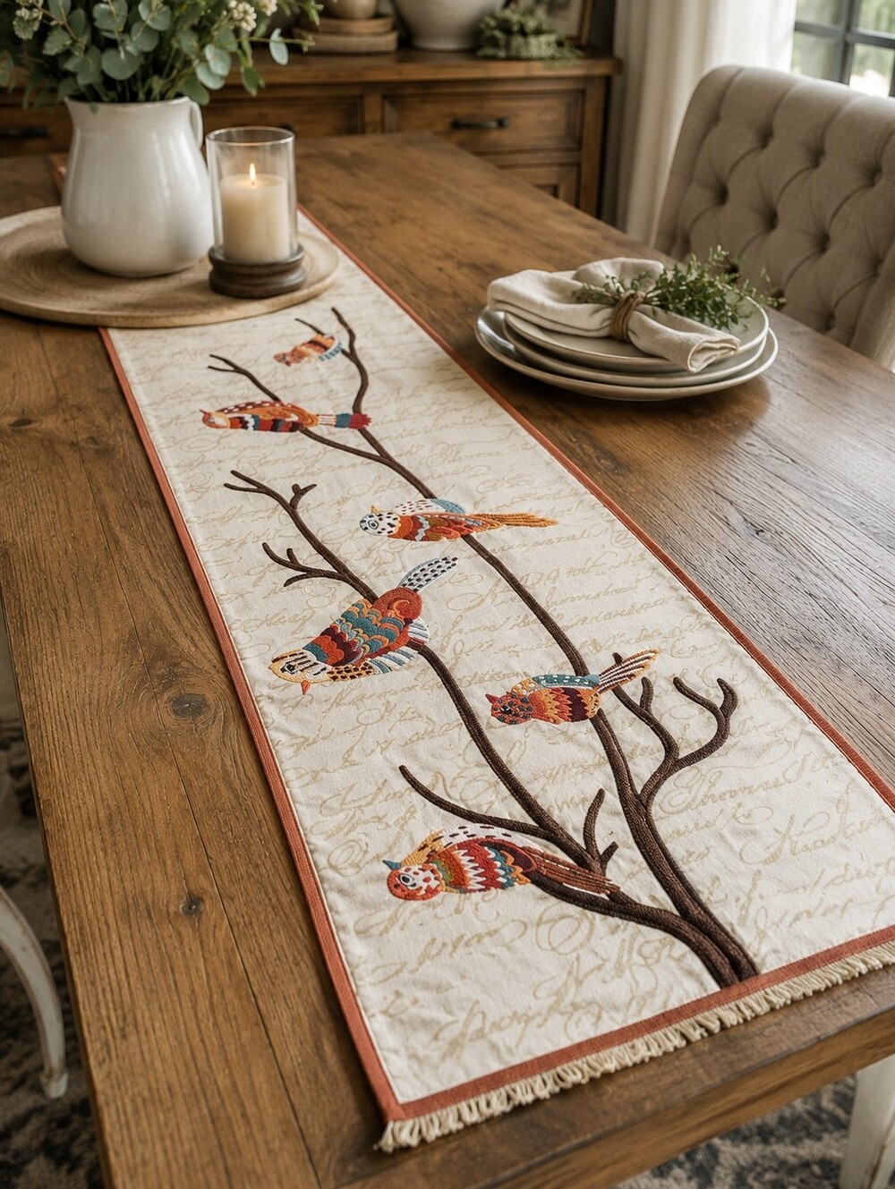 Pier 1 Imports Embroidered Bird Table Runner 13x48 Farmhouse Cottage Decor